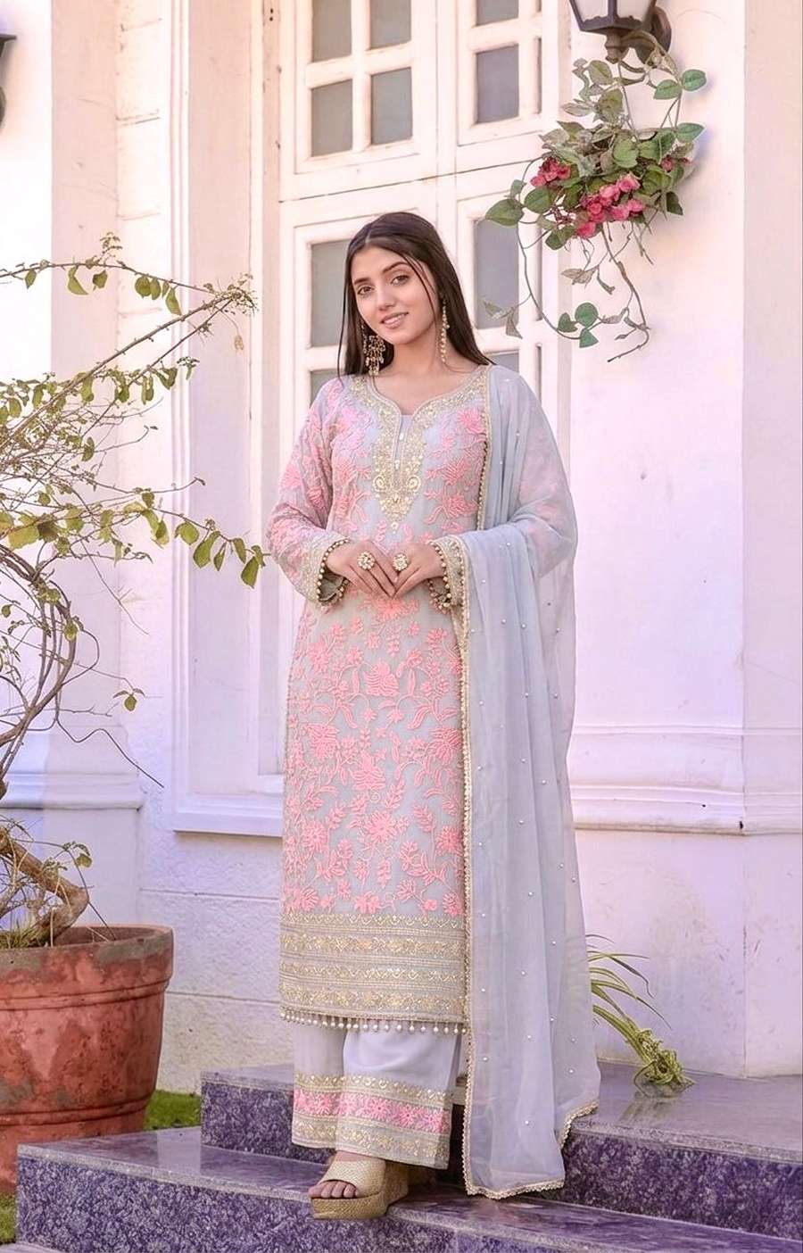 FABULOUS FAUX GEORGETTE EMBROIDERY SEQUENCE WORK TOP BOTTOM WITH DUPATTA FESTIVAL WEAR WHOLESALE PRICE ETHNIC GARMENT (8)