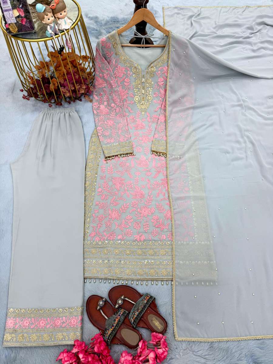 FABULOUS FAUX GEORGETTE EMBROIDERY SEQUENCE WORK TOP BOTTOM WITH DUPATTA FESTIVAL WEAR WHOLESALE PRICE ETHNIC GARMENT (9)