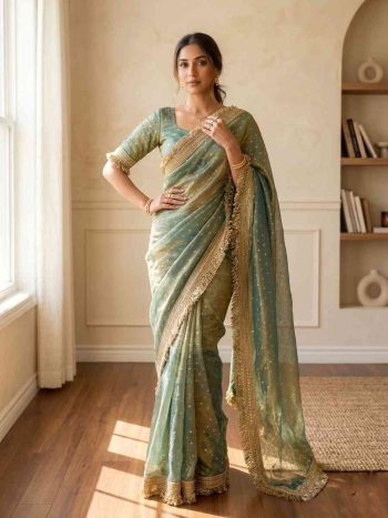 FABULOUS MOSS SILK JACQUARD BUTTI SAREE WITH UNSTITCHED BLOUSE RAMA