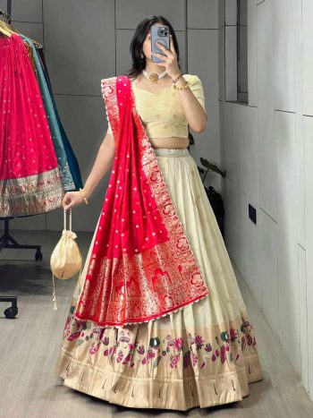 FABULOUS PAITHANI SILK ZARI WEAVING WORK LEHENGA CHOLI WITH DUPATTA CREAM AND RANI