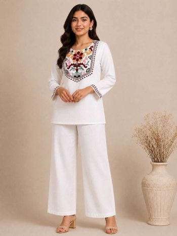 FABULOUS RAYON SLUB EMBROIDERY WORK CO-ORD SET WHITE