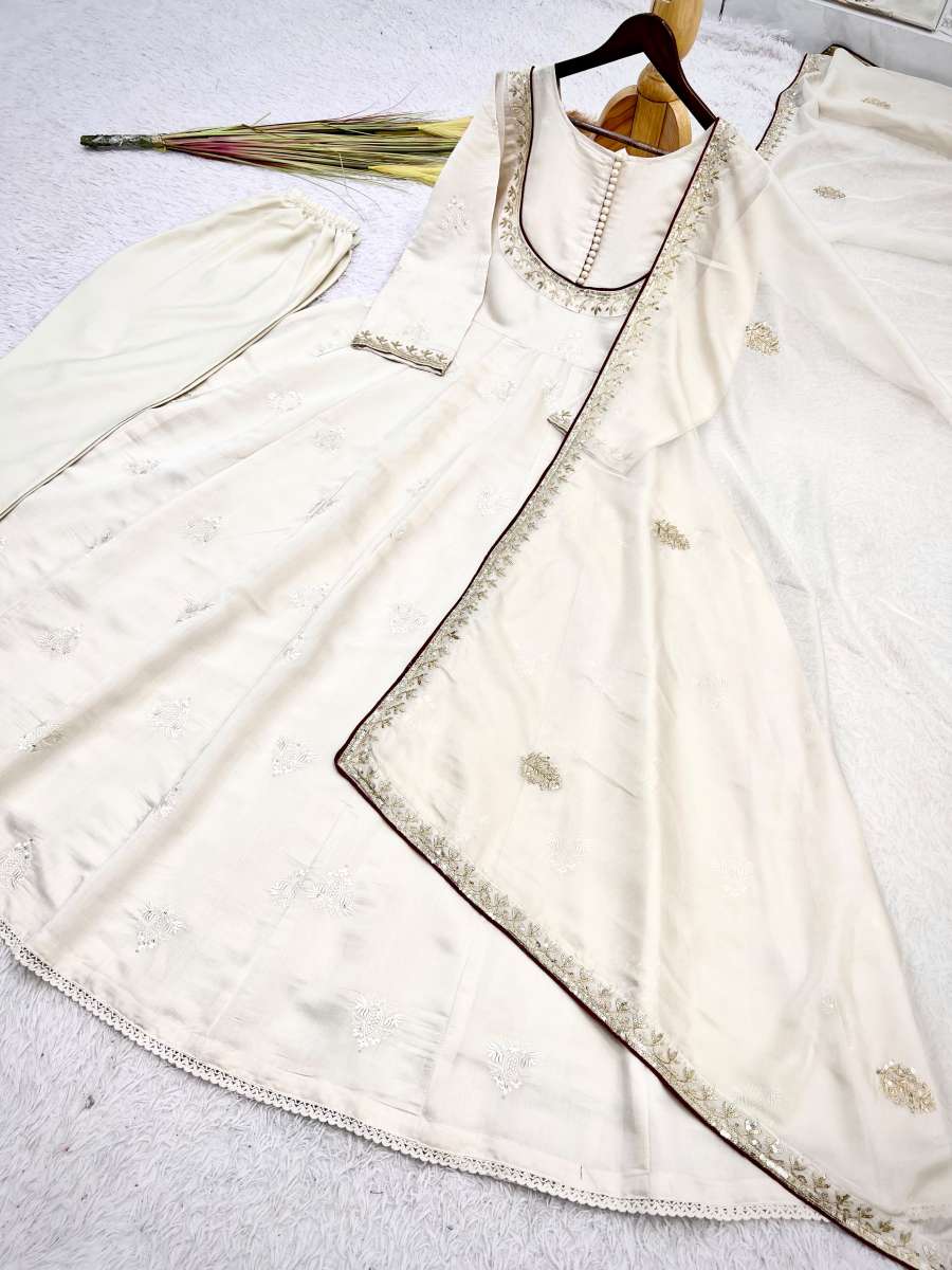FABULOUS ROMAN COTTON EMBROIDERY THREAD AND SEQUENCE WORK GOWN BOTTOM WITH DUPATTA FESTIVAL WEAR WHOLESALE PRICE ETHNIC GARMENT (1)