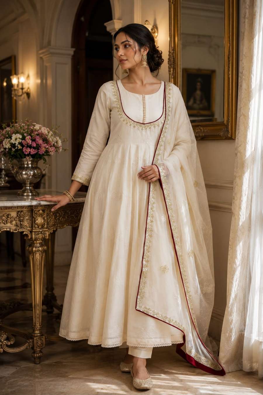 FABULOUS ROMAN COTTON EMBROIDERY THREAD AND SEQUENCE WORK GOWN BOTTOM WITH DUPATTA FESTIVAL WEAR WHOLESALE PRICE ETHNIC GARMENT (4)