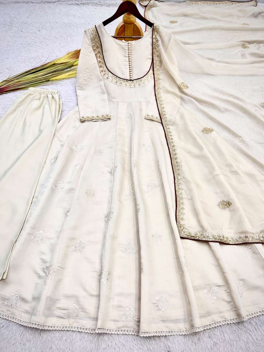 FABULOUS ROMAN COTTON EMBROIDERY THREAD AND SEQUENCE WORK GOWN BOTTOM WITH DUPATTA FESTIVAL WEAR WHOLESALE PRICE ETHNIC GARMENT (8)