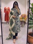 FANCY BAMBO COTTON FLORAL PRINT WORK TOP BOTTOM WITH DUPATTA GREEN AND BLUE