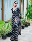FANCY CREPE SILK AJRAKH PRINT WITH REAL MIRROR WORK SAREE WITH UNSTITCHED BLOUSE BLACK