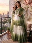 FANCY DUAL TONE STAR GEORGETTE EMBROIDERY THREAD WORK TOP PALAZZO WITH DUPATTA WHITE AND MEHNDI