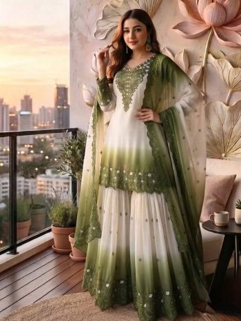 FANCY DUAL TONE STAR GEORGETTE EMBROIDERY THREAD WORK TOP PALAZZO WITH DUPATTA WHITE AND MEHNDI