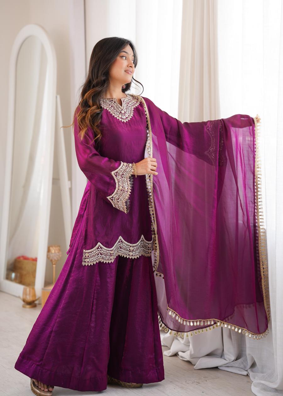 FANCY FENDY SILK EMBROIDERY CODING AND REAL MIRROR WORK TOP PALAZZO WITH DUPATTA WEDDING WEAR WHOLESALE PRICE ETHNIC GARMENT (3)