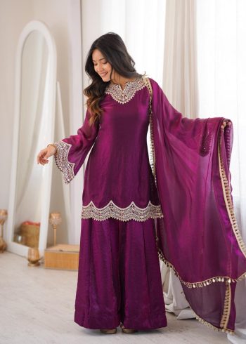 FANCY FENDY SILK EMBROIDERY CODING AND REAL MIRROR WORK TOP PALAZZO WITH DUPATTA WINE