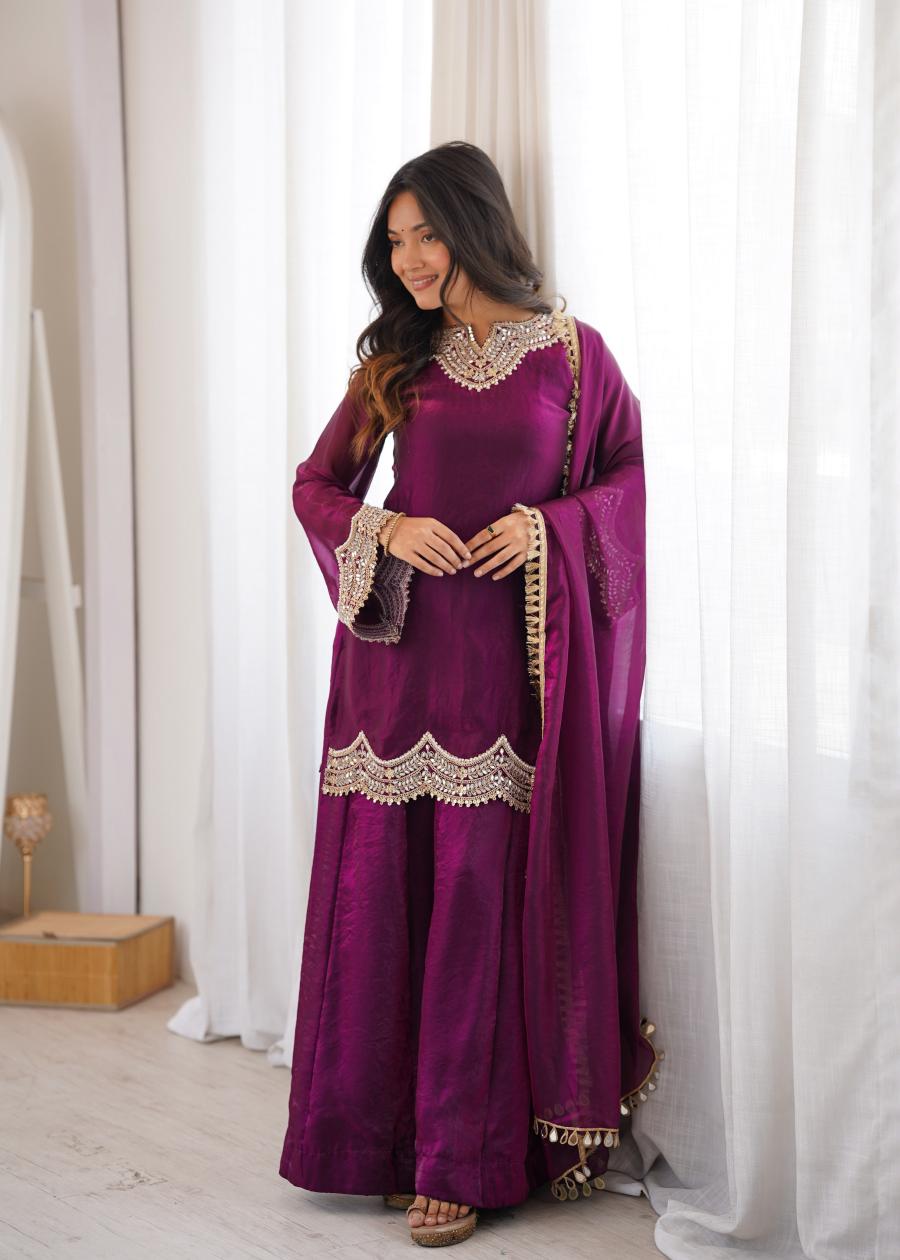FANCY FENDY SILK EMBROIDERY CODING AND REAL MIRROR WORK TOP PALAZZO WITH DUPATTA WEDDING WEAR WHOLESALE PRICE ETHNIC GARMENT (7)