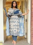 FANCY BAMBO COTTON FLORAL PRINT WORK TOP BOTTOM WITH DUPATTA WHITE AND TEAL