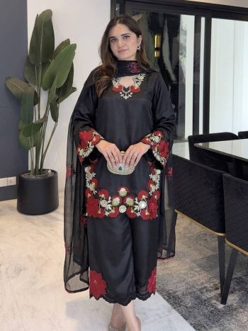 FANCY ROMAN GLASS EMBROIDERY SEQUENCE AND MULTI WORK TOP PALAZZO WITH DUPATTA BLACK