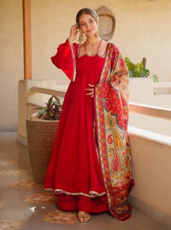 FANCY TABBY SILK MIRROR FANCY LACE WORK GOWN PALAZZO WITH DUPATTA RED