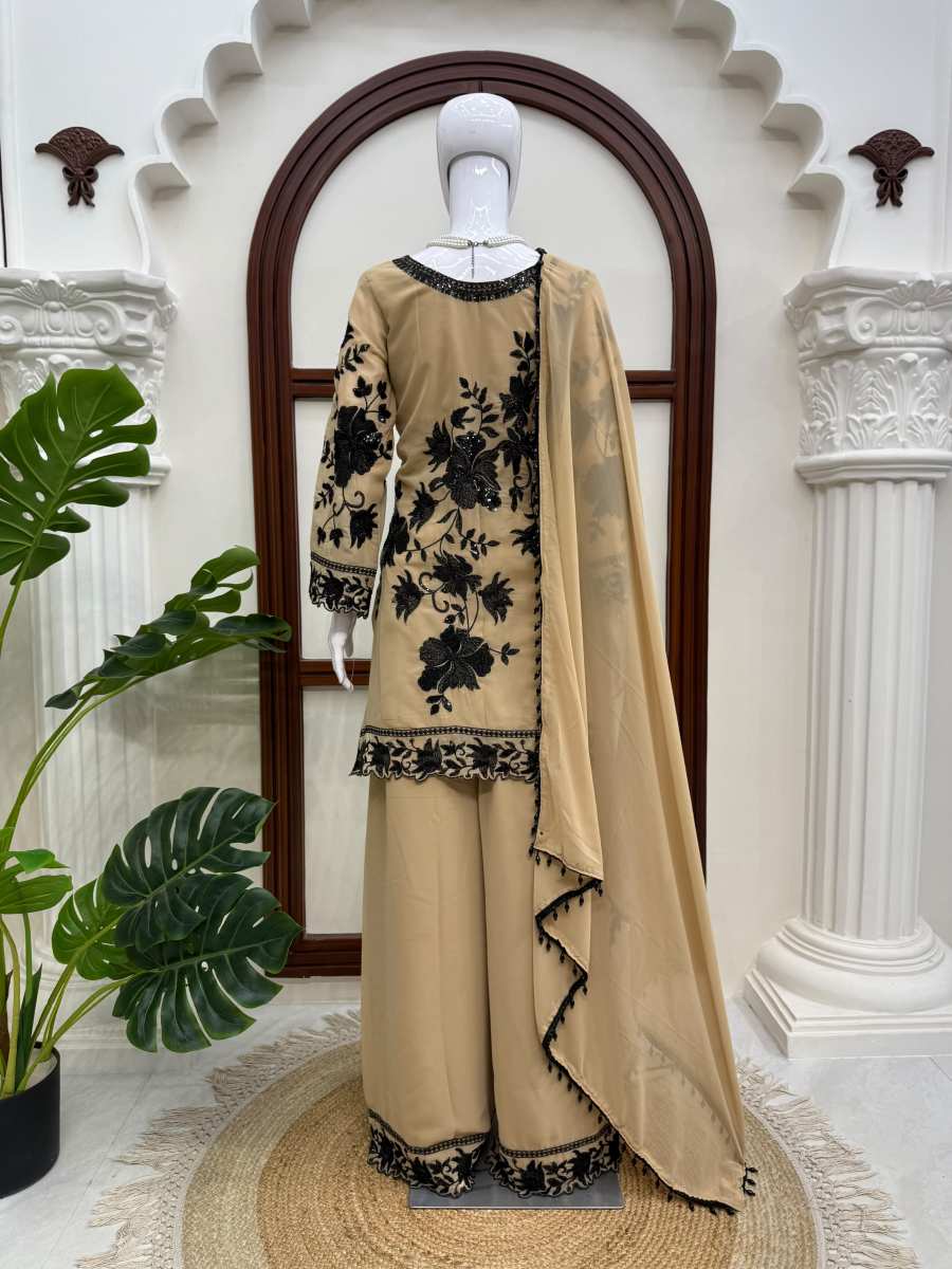 FASHINABLE FOUX GEORGETTE THREAD WITH SEQUNCE WITH CUTWORK TOP PALAZZO WITH DUPATTA DAILY WEAR WHOLESALE PRICE ETHNIC GARMENT (10)