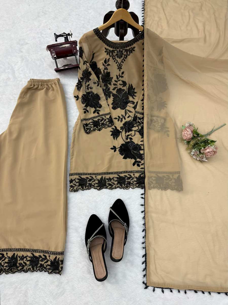 FASHINABLE FOUX GEORGETTE THREAD WITH SEQUNCE WITH CUTWORK TOP PALAZZO WITH DUPATTA DAILY WEAR WHOLESALE PRICE ETHNIC GARMENT (11)