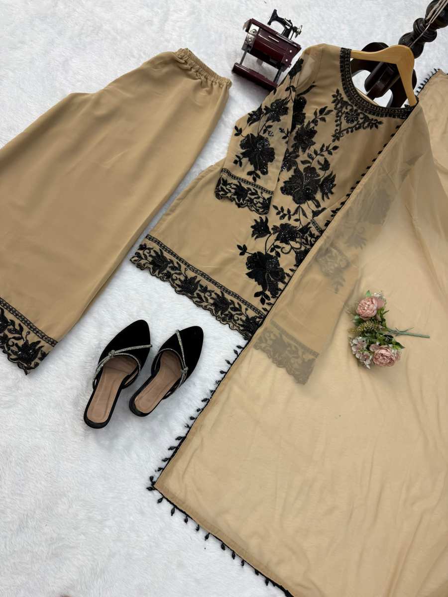 FASHINABLE FOUX GEORGETTE THREAD WITH SEQUNCE WITH CUTWORK TOP PALAZZO WITH DUPATTA DAILY WEAR WHOLESALE PRICE ETHNIC GARMENT (13)