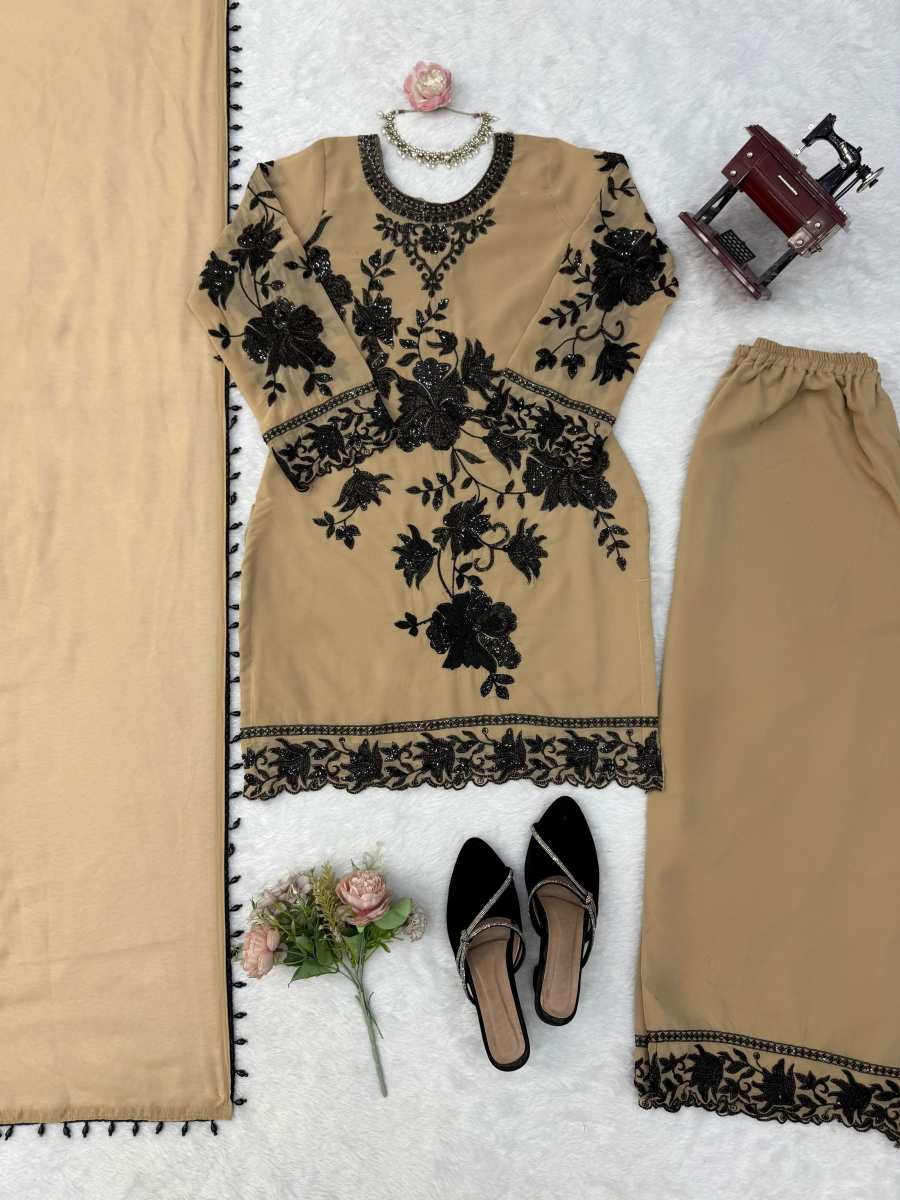 FASHINABLE FOUX GEORGETTE THREAD WITH SEQUNCE WITH CUTWORK TOP PALAZZO WITH DUPATTA DAILY WEAR WHOLESALE PRICE ETHNIC GARMENT (14)
