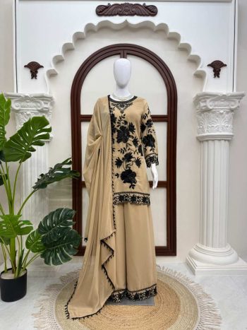 FASHIONABLE FAUX GEORGETTE THREAD WITH SEQUNCE WITH CUTWORK TOP PALAZZO WITH DUPATTA CREAM