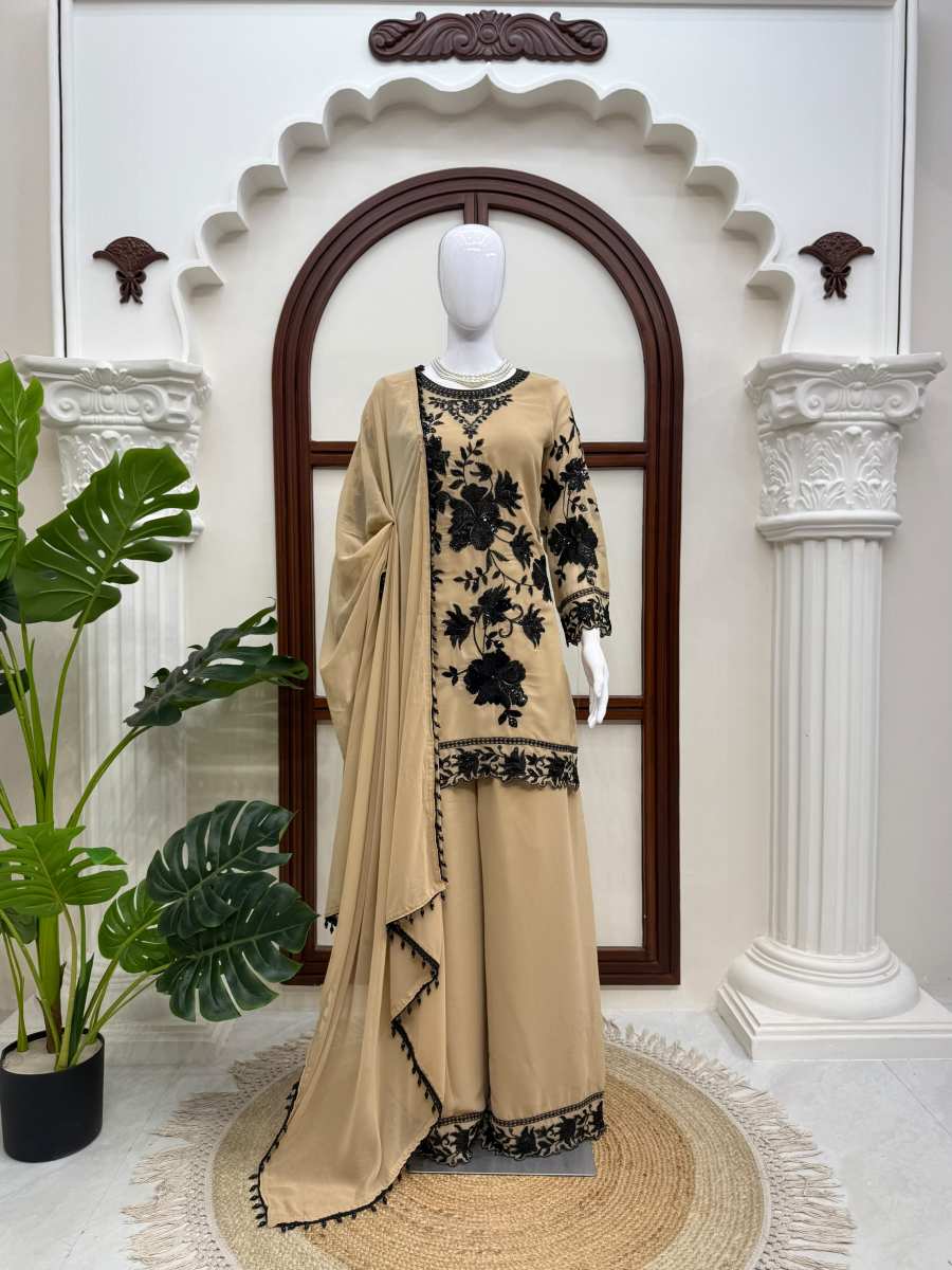 FASHINABLE FOUX GEORGETTE THREAD WITH SEQUNCE WITH CUTWORK TOP PALAZZO WITH DUPATTA DAILY WEAR WHOLESALE PRICE ETHNIC GARMENT (6)