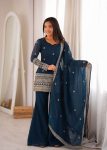 FASHIONABLE CRUNCHY SILK EMBROIDERY SEQUENCE AND JARI WORK TOP PALAZZO WITH DUPATTA TEAL