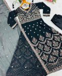 FASHIONABLE FAUX BLOOMING SEQUENCE & ZARI THREAD EMBROIDERY WORK GOWN BOTTOM WITH DUPATTA WEDDING WEAR WHOLESALE PRICE ETHNIC GARMENT (2)