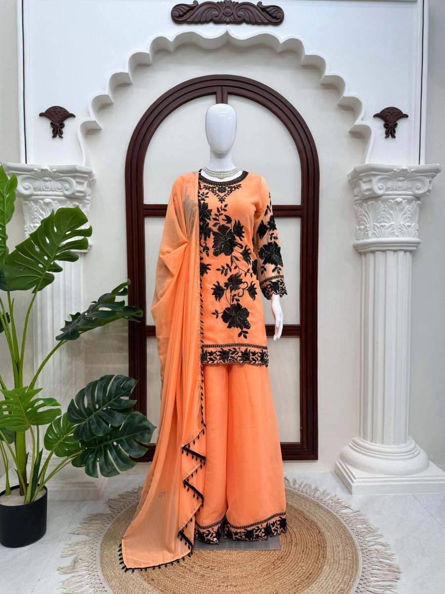 FASHIONABLE FAUX GEORGETTE THREAD WITH SEQUNCE WITH CUTWORK TOP PALAZZO WITH DUPATTA FESTIVE WEAR WHOLESALE PRICE ETHNIC GARMENT (1)