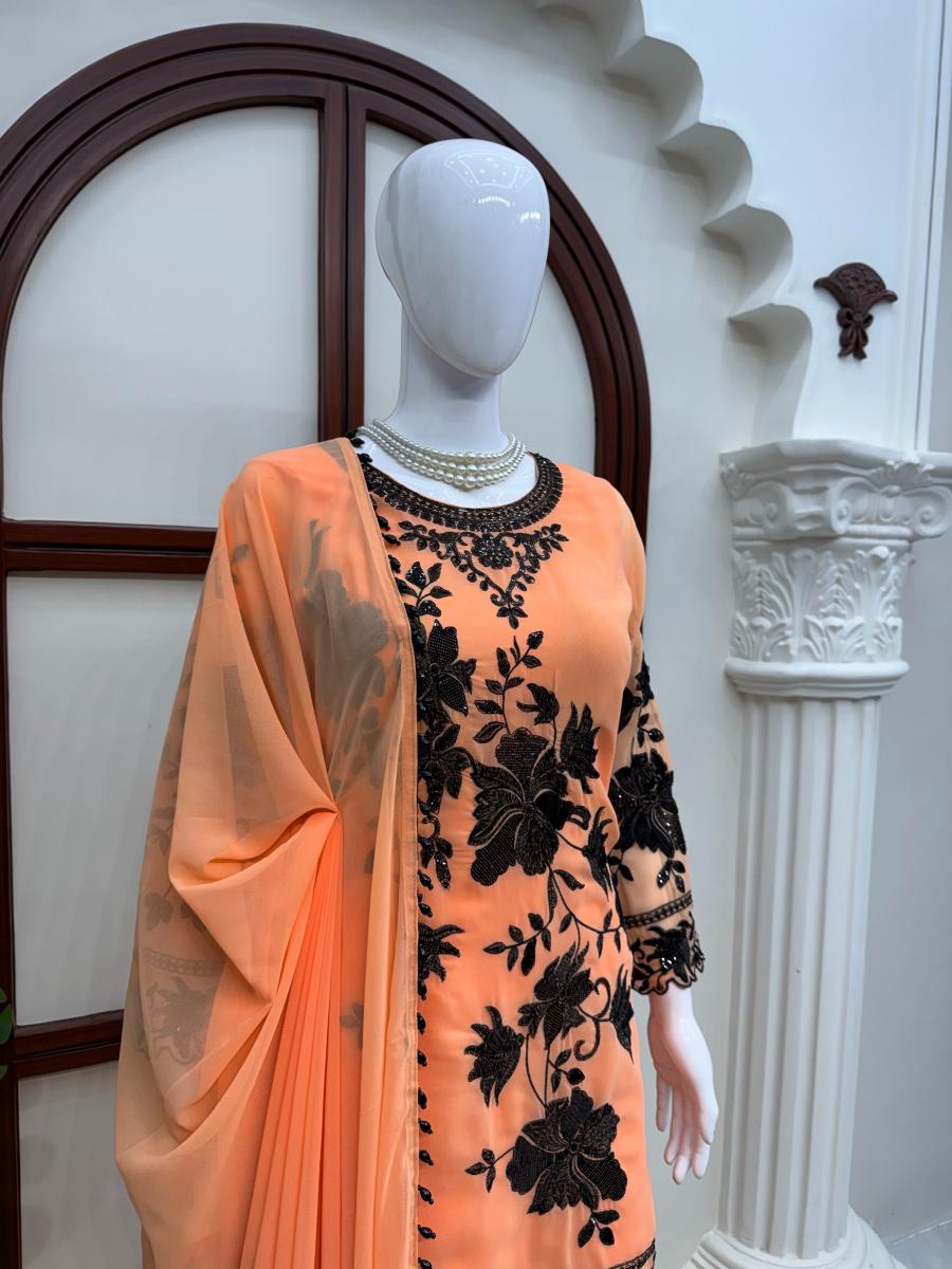 FASHIONABLE FAUX GEORGETTE THREAD WITH SEQUNCE WITH CUTWORK TOP PALAZZO WITH DUPATTA FESTIVE WEAR WHOLESALE PRICE ETHNIC GARMENT (3)