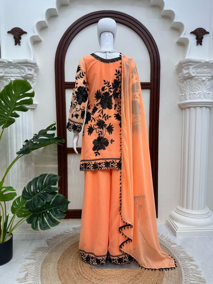 FASHIONABLE FAUX GEORGETTE THREAD WITH SEQUNCE WITH CUTWORK TOP PALAZZO WITH DUPATTA FESTIVE WEAR WHOLESALE PRICE ETHNIC GARMENT (4)