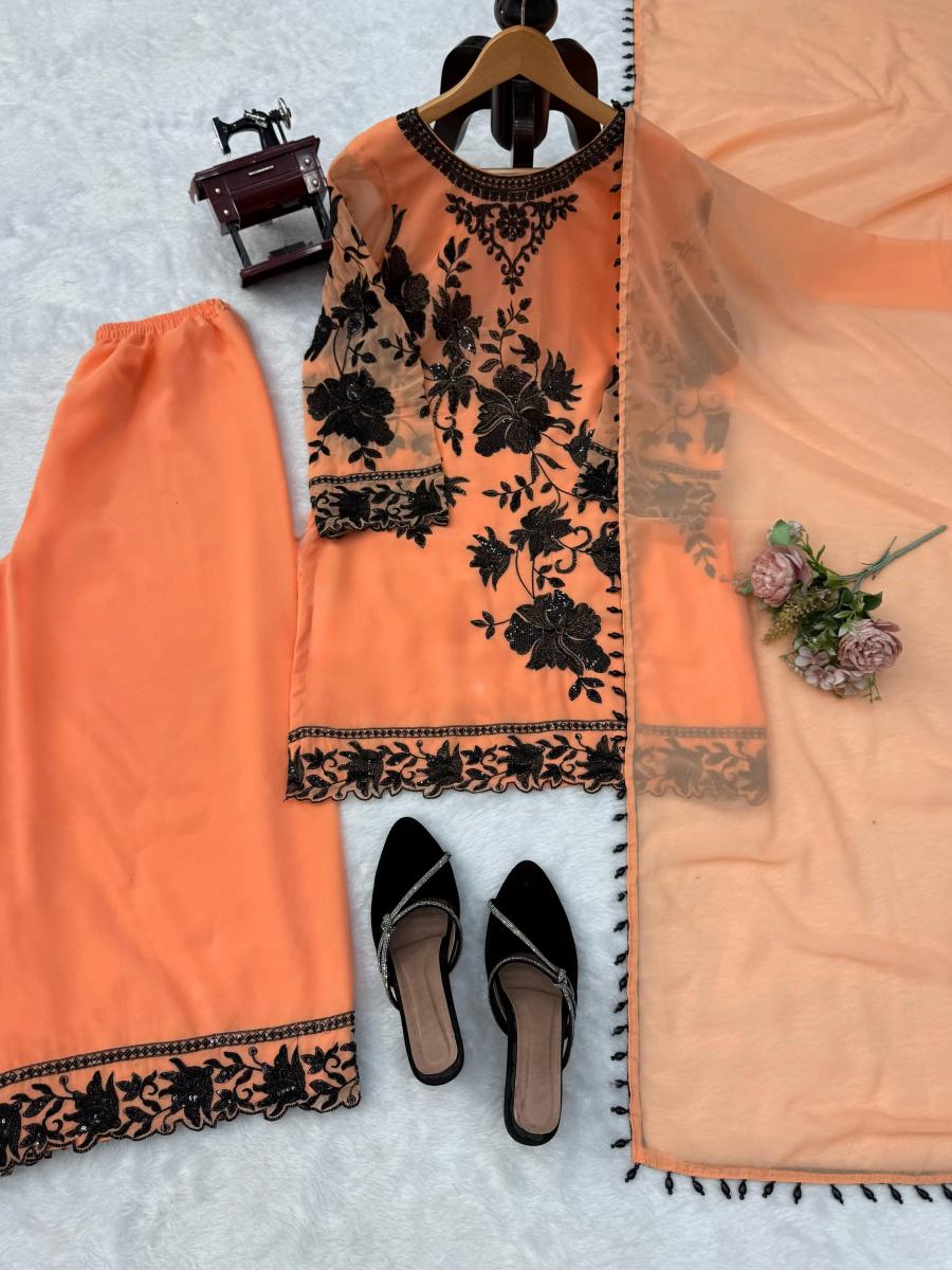 FASHIONABLE FAUX GEORGETTE THREAD WITH SEQUNCE WITH CUTWORK TOP PALAZZO WITH DUPATTA FESTIVE WEAR WHOLESALE PRICE ETHNIC GARMENT (5)