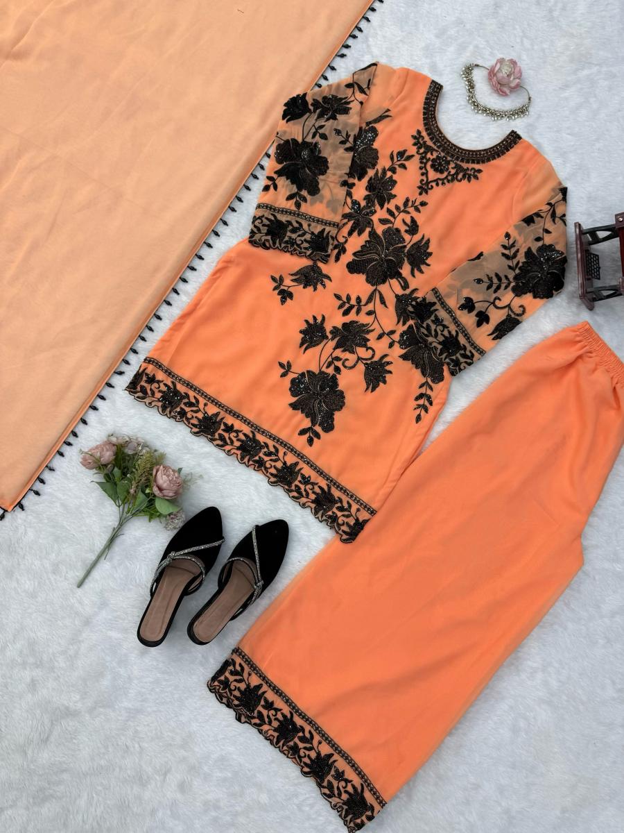 FASHIONABLE FAUX GEORGETTE THREAD WITH SEQUNCE WITH CUTWORK TOP PALAZZO WITH DUPATTA FESTIVE WEAR WHOLESALE PRICE ETHNIC GARMENT (6)