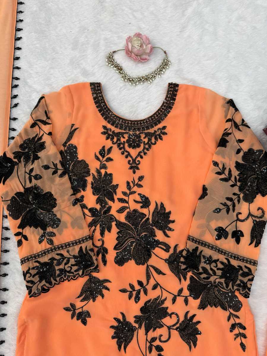 FASHIONABLE FAUX GEORGETTE THREAD WITH SEQUNCE WITH CUTWORK TOP PALAZZO WITH DUPATTA FESTIVE WEAR WHOLESALE PRICE ETHNIC GARMENT (9)