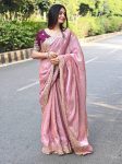 FASHIONABLE FENDY SATIN MULTI SEQUENCE  EMBROIDERY WORK WITH  SEQUENCE BUTTI  WORK SAREE WITH UNSTITCHED BLOUSE BABY PINK