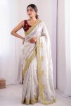 FASHIONABLE FENDY SATIN MULTI SEQUENCE  EMBROIDERY WORK WITH  SEQUENCE BUTTI  WORK SAREE WITH UNSTITCHED BLOUSE OFF WHITE