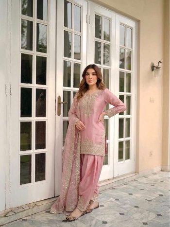 FASHIONABLE NC MOSS SILK EMBROIDERY 5 MM SEQUENCE WORK TOP PATIYALA WITH DUPATTA BABY PINK