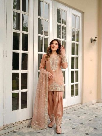 FASHIONABLE NC MOSS SILK EMBROIDERY 5 MM SEQUENCE WORK TOP PATIYALA WITH DUPATTA PEACH