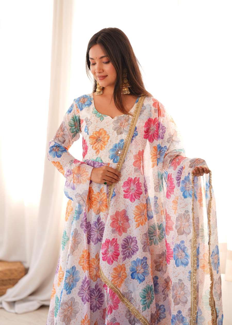 FASHIONABLE PRINTED ORGANZA EMBROIDERY WORK GOWN BOTTOM WITH DUPATTA DAILY WEAR WHOLESALE PRICE ETHNIC GARMENT (10)