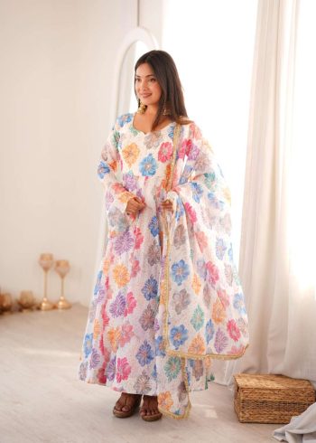 FASHIONABLE PRINTED ORGANZA EMBROIDERY WORK GOWN BOTTOM WITH DUPATTA MULTI