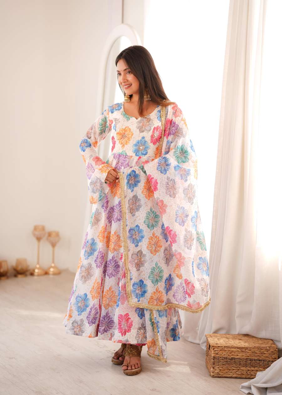 FASHIONABLE PRINTED ORGANZA EMBROIDERY WORK GOWN BOTTOM WITH DUPATTA DAILY WEAR WHOLESALE PRICE ETHNIC GARMENT (18)