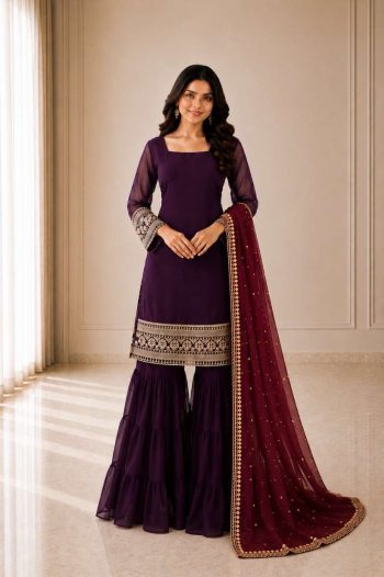 GEORGEOUS GEORGETTE EMBROIDERY SEQUENCE WORK TOP SHARARA WITH DUPATTA MAROON