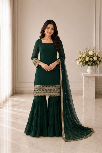 GEORGEOUS GEORGETTE EMBROIDERY SEQUENCE WORK TOP SHARARA WITH DUPATTA GREEN
