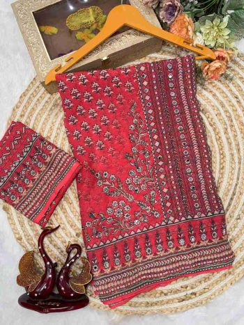 GEORGEOUS GEORGETTE KATDANA AND REAL MIRROR WORK SAREE WITH UNSTITCHED RED