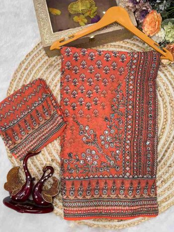 GEORGEOUS GEORGETTE KATDANA AND REAL MIRROR WORK SAREE WITH UNSTITCHED ORANGE