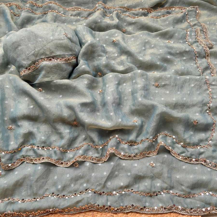GEORGEOUS NC BUTTI SILK ORIGINAL ROSE GOLD BEADS WORK SAREE WITH UNSTITCHED BLOUSE SEASONABLE WEAR WHOLESALE PRICE ETHNIC GARMENT (12)