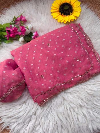 GEORGEOUS NC BUTTI SILK ORIGINAL ROSE GOLD BEADS WORK SAREE WITH UNSTITCHED BLOUSE BABY PINK