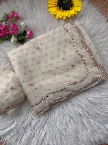 GEORGEOUS NC BUTTI SILK ORIGINAL ROSE GOLD BEADS WORK SAREE WITH UNSTITCHED BLOUSE WHITE