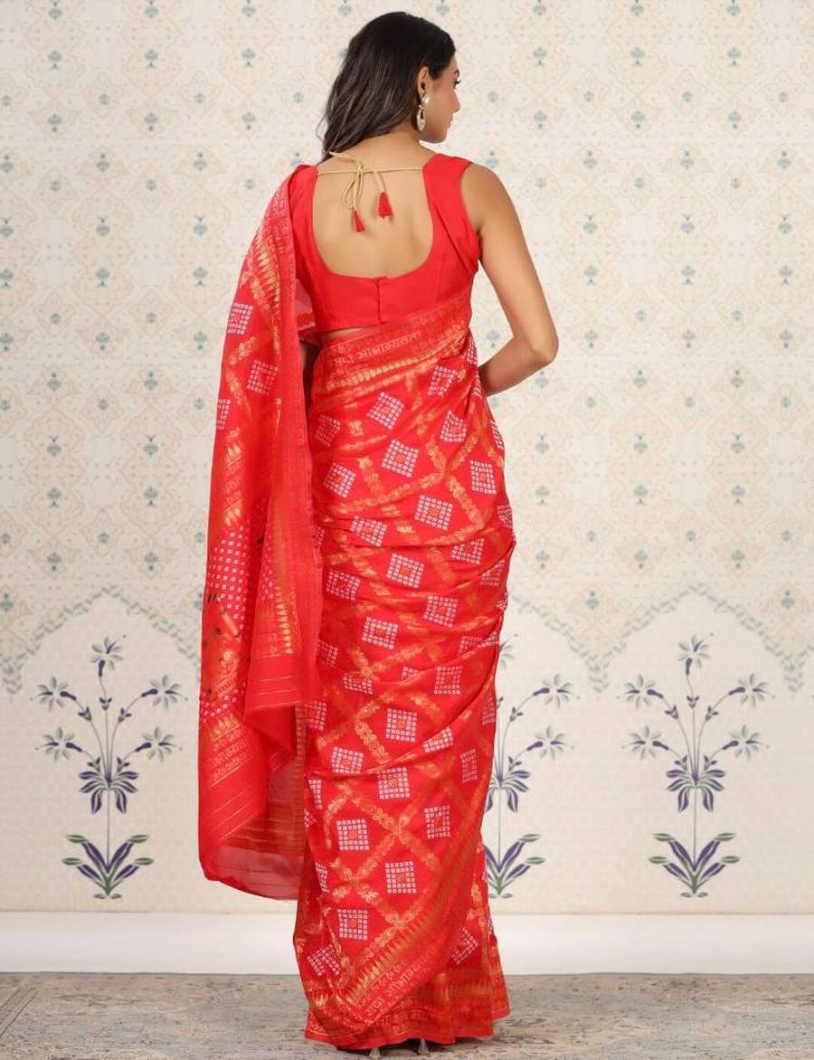 LATEST BANARASI SOFT SILK GOLD ZARI BANDHEJ WEAVES WITH BORDER WORK SAREE WITH UNSTITCHED BLOUSE FESTIVAL WEAR WHOLESALE PRICE ETHNIC GARMENT (2)