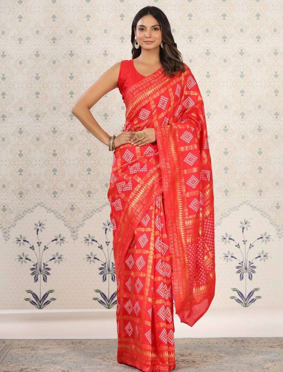 LATEST BANARASI SOFT SILK GOLD ZARI BANDHEJ WEAVES WITH BORDER WORK SAREE WITH UNSTITCHED BLOUSE FESTIVAL WEAR WHOLESALE PRICE ETHNIC GARMENT (5)