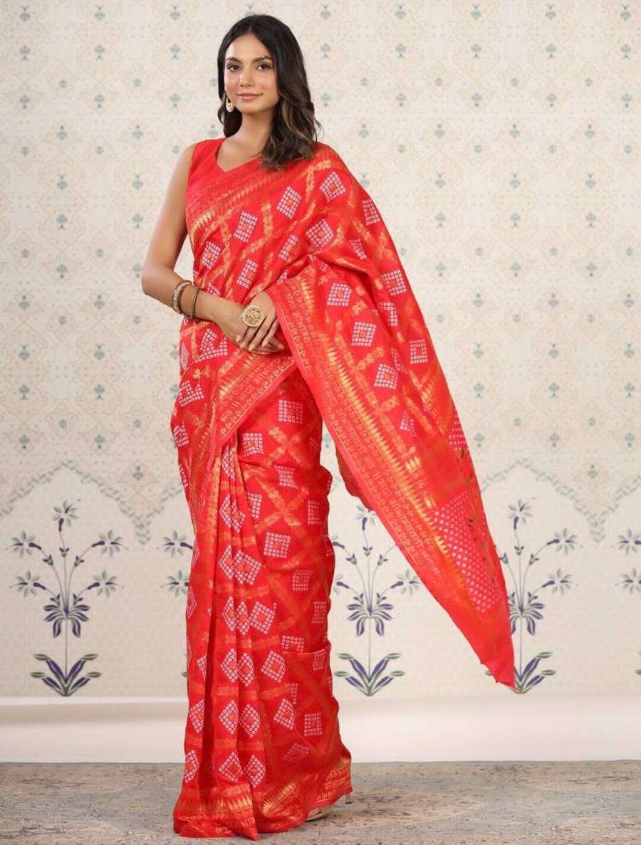 LATEST BANARASI SOFT SILK GOLD ZARI BANDHEJ WEAVES WITH BORDER WORK SAREE WITH UNSTITCHED BLOUSE FESTIVAL WEAR WHOLESALE PRICE ETHNIC GARMENT (6)