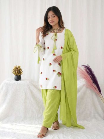 LATEST CAMBRIC COTTON MULTI NEEDLE EMBROIDERY WORK TOP PATIYALA WITH DUPATTA WHITE AND PARROT GREEN